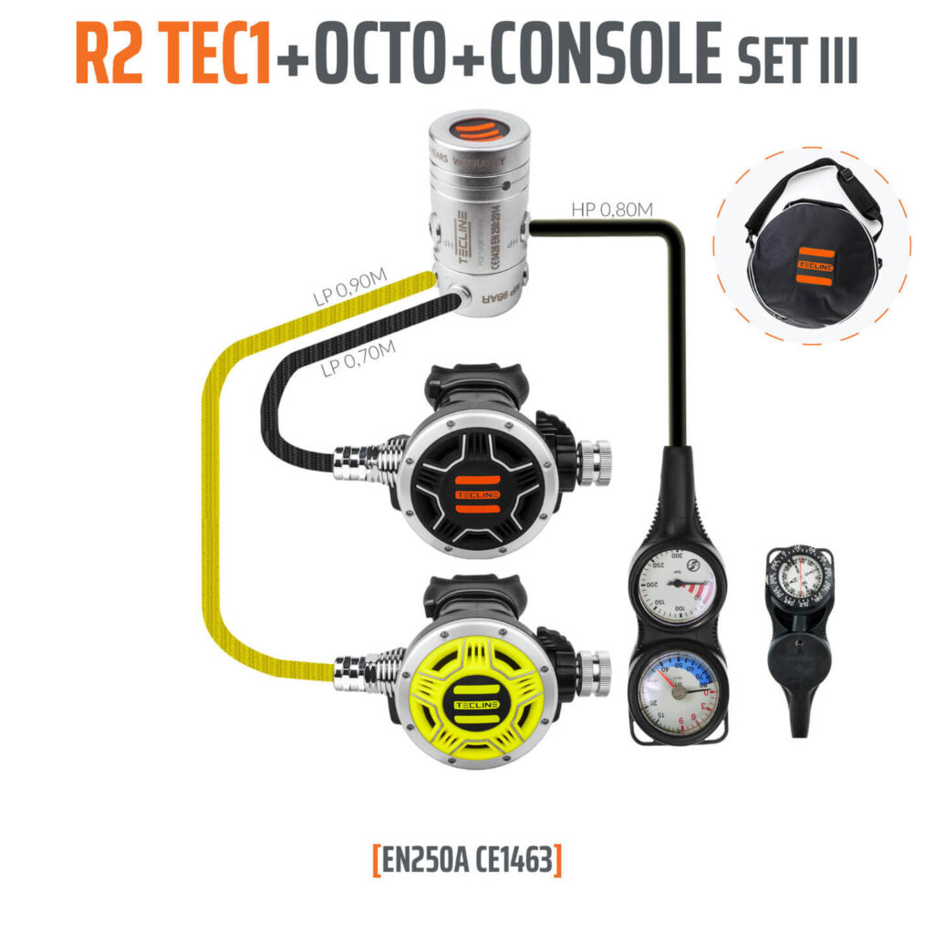 Tecline Atemregler R2 Tec 1 Set mit Finimeter, Tiefenmesser und Kompass
