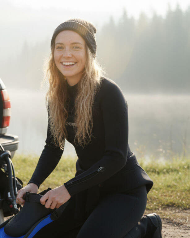 Junge Frau kniet neben ihrem Auto und bereitet Tauchausrüstung vor