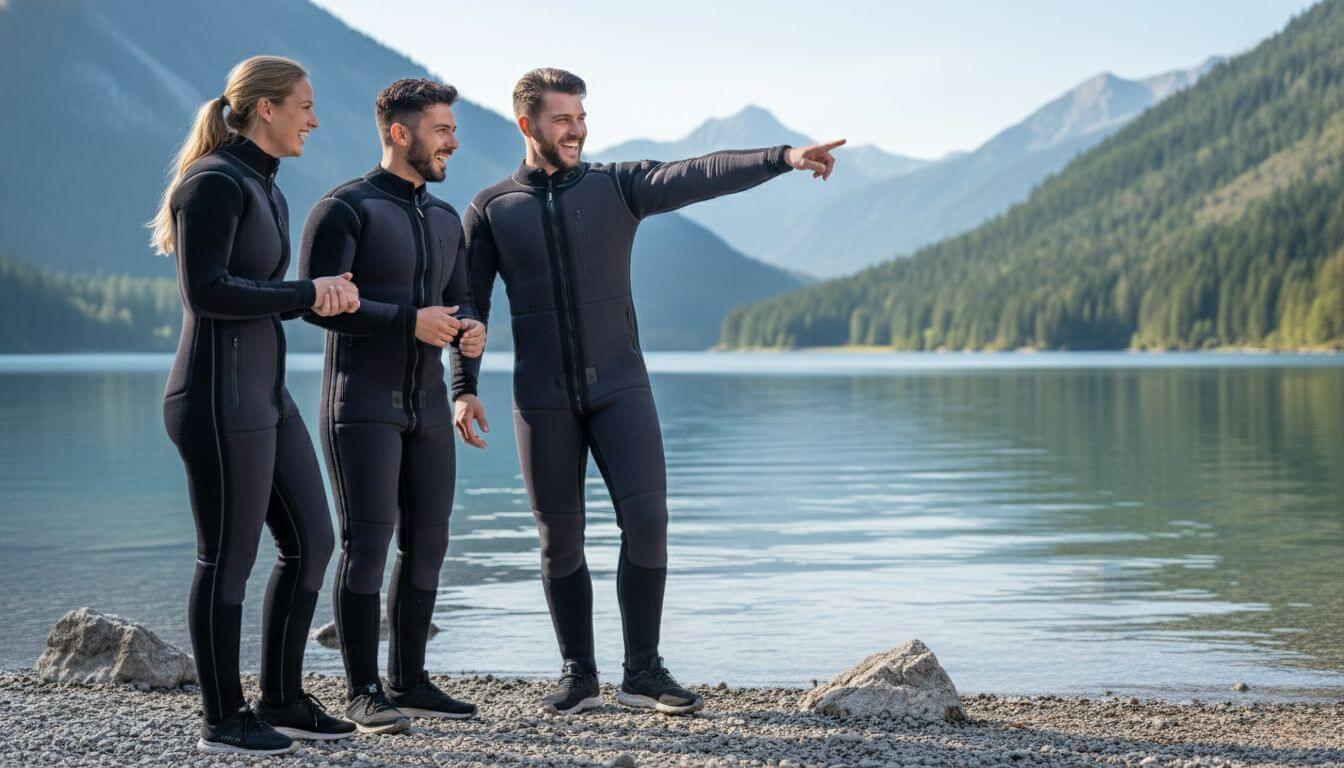 Drei fröhliche Personen am Seeufer die den KWARK Navy Extreme Unterzieher tragen