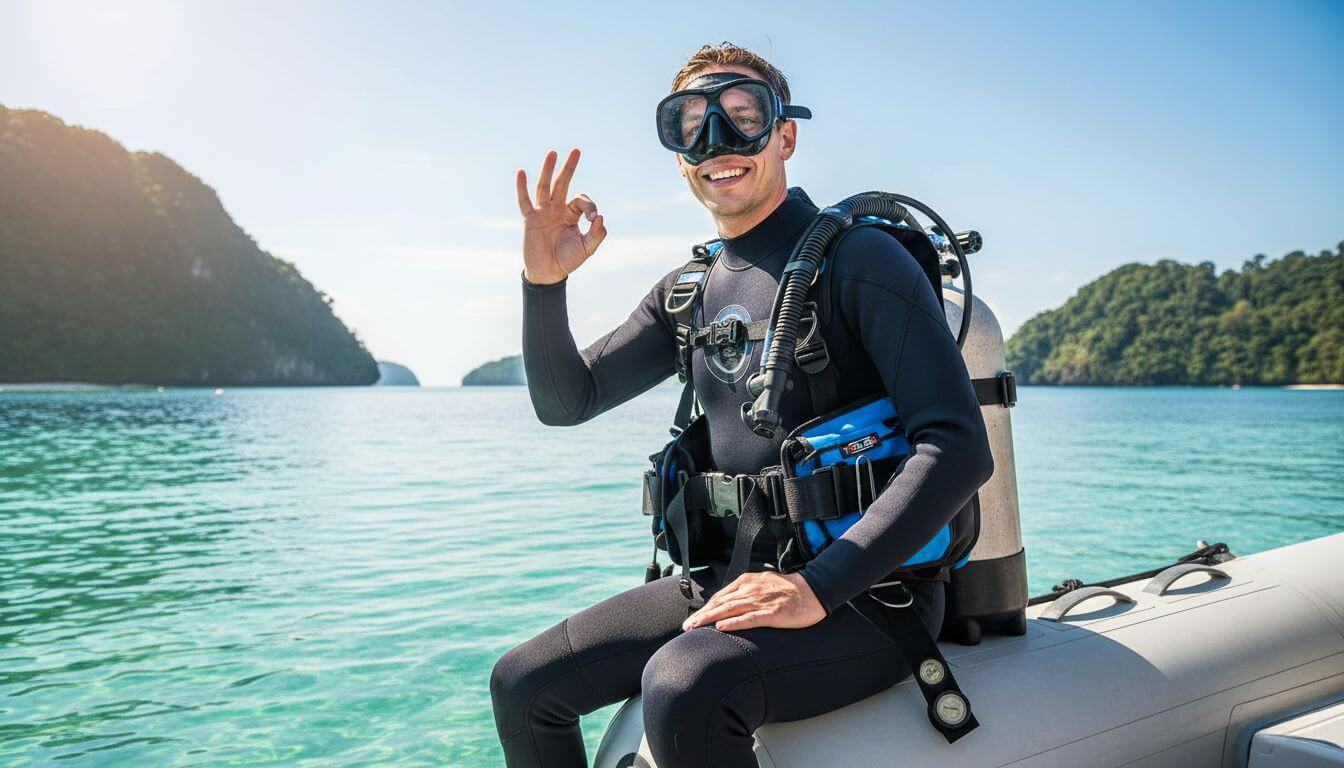 Ein Taucher mit kompletter Tauchausrüstung, mit Maske, Schnorchel, Neoprenanzug, Flossen und Tauchflasche.