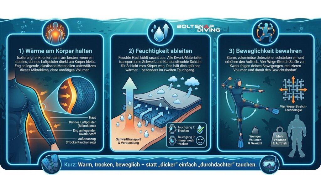 Illustration der drei Säulen: Wärme halten, Feuchte ableiten, Beweglichkeit bewahren