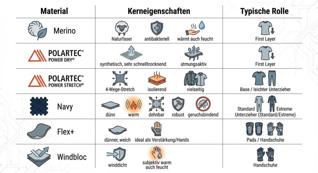 Materialvergleich: Merino, Power Dry, Power Stretch, Navy, Flex+, Windbloc