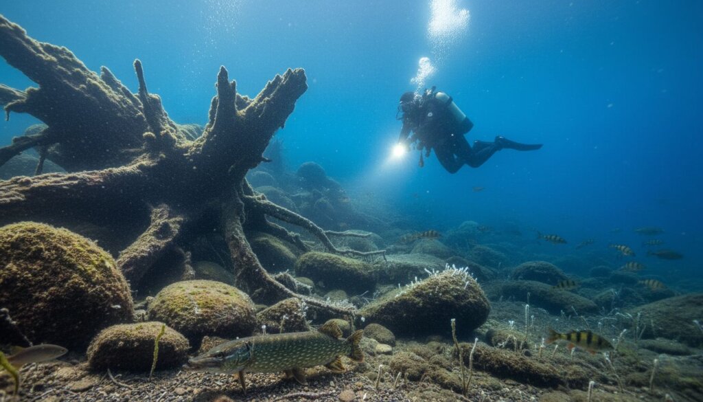 Taucher im Bergsee, im Vordergrund ein Hecht unter einem Baumstump