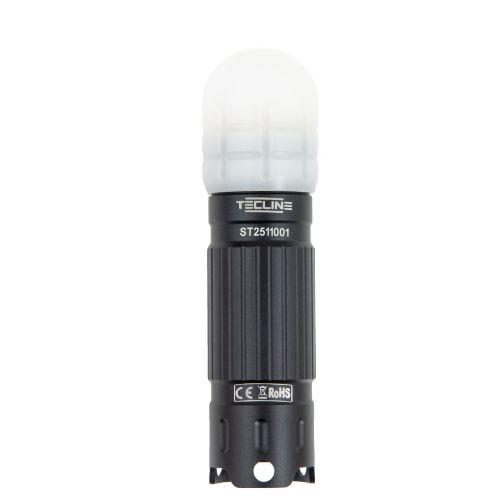 Tecline LED-Blitzer RGB mit weißem POM-Kopf und schwarzem Aluminiumgehäuse