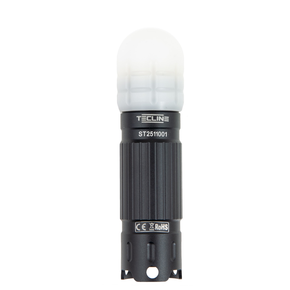Tecline LED-Blitzer RGB mit weißem POM-Kopf und schwarzem Aluminiumgehäuse