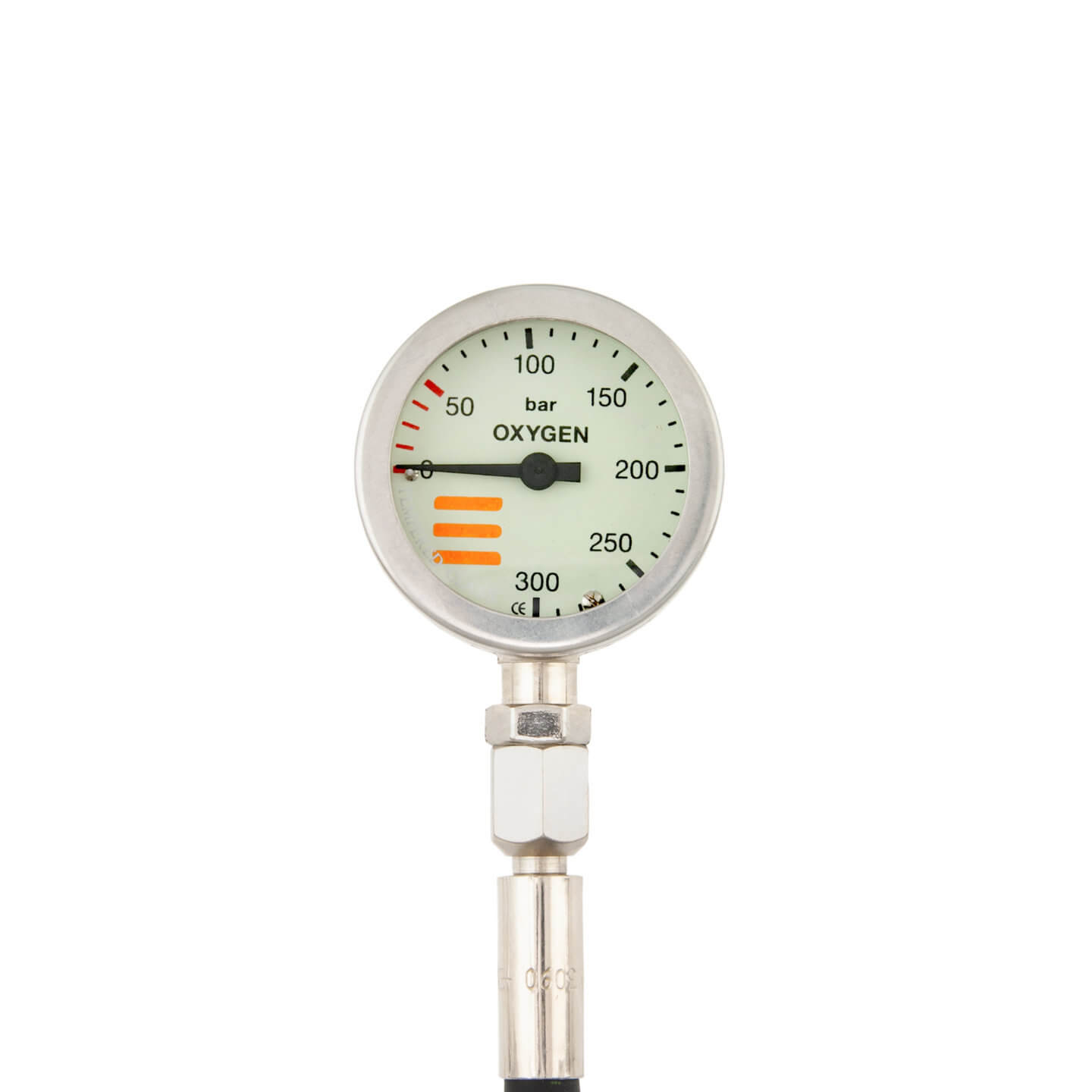 Finimeter, 52 mm, Nickel, für Sauerstoff, 230 bar, mit 15 cm HD-Schlauch