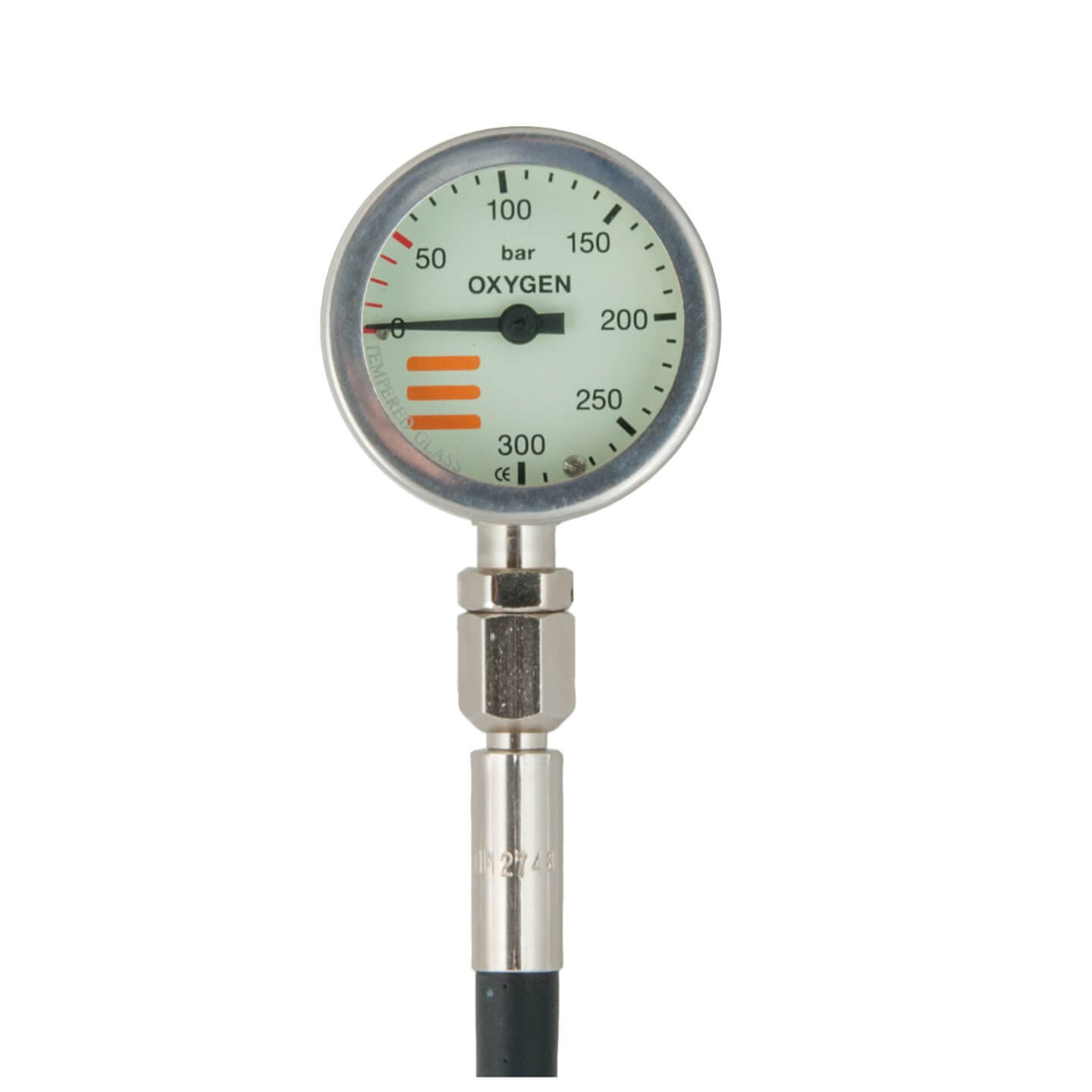 Finimeter, 52 mm, Nickel, für Sauerstoff, 230 bar, mit 20 cm HD-Schlauch (Standard)