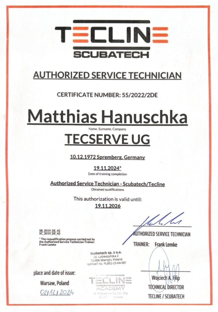Zertifikat für einen autorisierten Servicetechniker von Tecline Scubatech, ausgestellt für Matthias Hanuschka, gültig bis 19.11.2026.