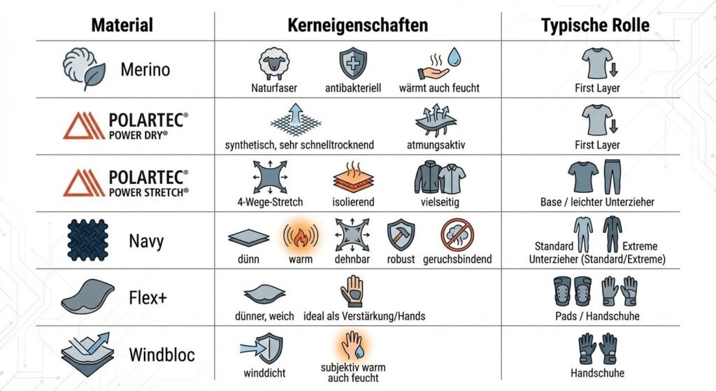 Materialvergleich: Merino, Power Dry, Power Stretch, Navy, Flex+, Windbloc